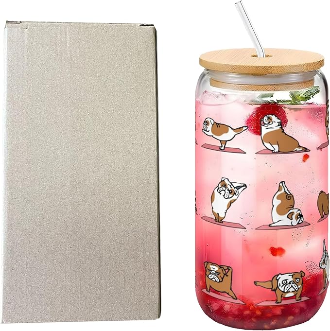 English Bulldog Yoga Glass Cup with Lid & Straws 16 OZ - Drinking Glass Tumbler for Iced Coffee, Smoothie, Cocktail, Beer, Soda - Birthday Christmas Gift for Men, Women, Sister, Friends