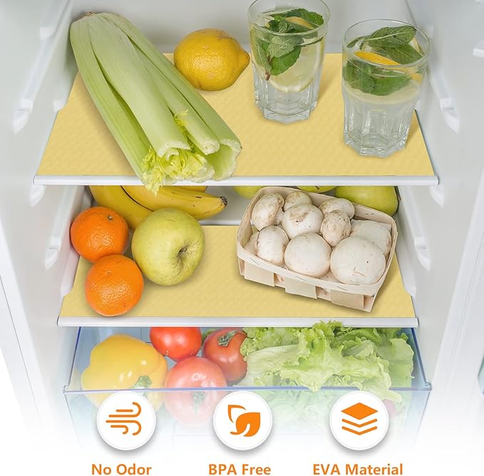 Shelf Liners for Kitchen Cabinets Refrigerator Liners Waterproof Kitchen Cupboard Liner Non Adhesive Drawer Mats EVA Material Fridge Liner for Shelves - Yellow Beige 17.5 x 393.7 Inches