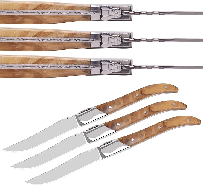 Laguiole Style Steak Knife Set of 12, Non-serrated Steak Knife Set with Olive Wood Handle, Sharp Stainless Steel Steak Knives with Gift Box, Dinner Cutlery Set for Home Party