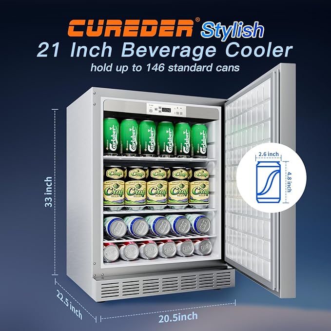 21 Inch Outdoor Refrigerator, Weather Proof Stainless Steel Beverage Beer Cooler Under Counter Fridge, Indoor/Outdoor Refrigerator with 3 Shelves for Patio Kitchen and Commercial Use