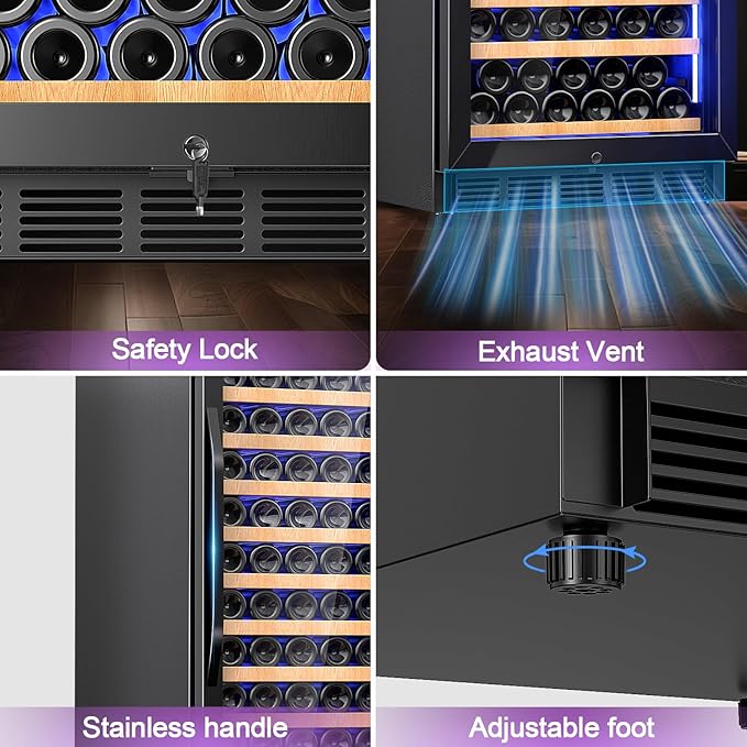 Wine Cooler-Wine Fridge with Safety Lock Freestanding/Built in 24 Inch Wide Large Wine Refrigerator for 154 Bottles,Cellar Chiller Low Noise, Fast Cooling, Black