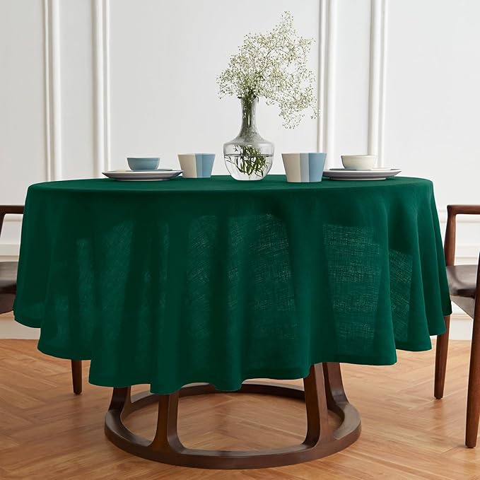 Solino Home Linen 60 Inch Round Tablecloth - 100% Pure Linen Green Round Tablecloth - Machine Washable Table Cloth for Winter, New Year - Sonoma