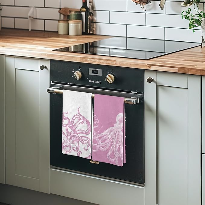 Coastal Pink Octopus Beach Decor Dish Hand Tea Towels for Bathroom Kitchen, Girly Preppy Octopus Ocean Nautical Beachy Bathroom Decor, Coastal Kitchen Towels and Dishcloths Sets of 2, 16x24In