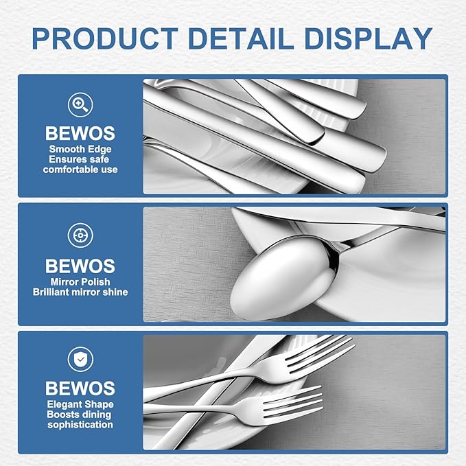 BEWOS 60 Piece Silverware Set - Stainless Steel Silverware Sets for 12 Include Spoon, Forks, Knives, Mirror Polished Flatware Set for Home, Kitchen, Restaurant, Dishwasher Safe