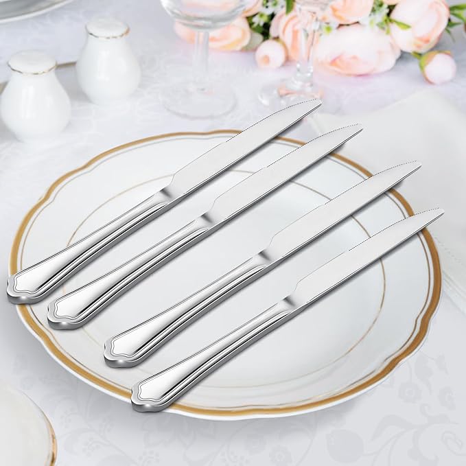 E-far Dinner Knives Set of 12, 9 Inch Stainless Steel Serrated Steak Butter Knife for Home Kitchen Restaurant, Scalloped Edge & Non-toxic - Dishwasher Safe