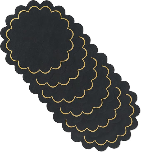 Kate Spade New York Scallop Edge Round Reversible Placemats 6-Pack Set, Imitation Leather with Metallic Print, Water Resistant, Easy Wipe Clean, Black/Gold, 15" Round