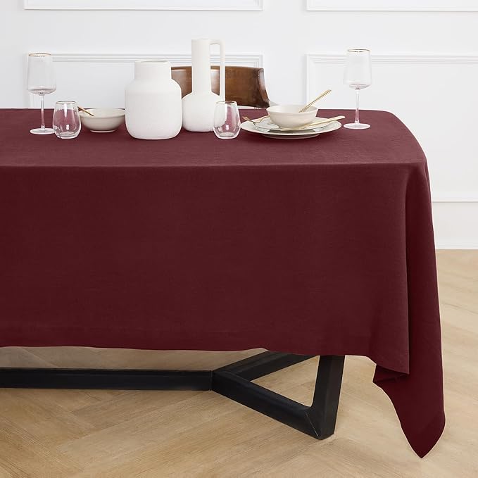 Solino Home Burgundy Linen Tablecloth 70 x 144 Inch - 100% Pure Linen Rectangular Tablecloth - Machine Washable Table Cloth for Christmas, New Year - Sonoma