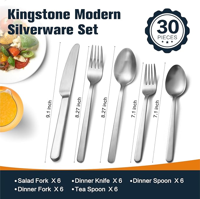 KINGSTONE Forged 30-Piece Silverware Set, Matte Flatware Set for 6, 18/10 Stainless Steel Silverware Utensils Set Dishwasher Safe (Matte Silver)