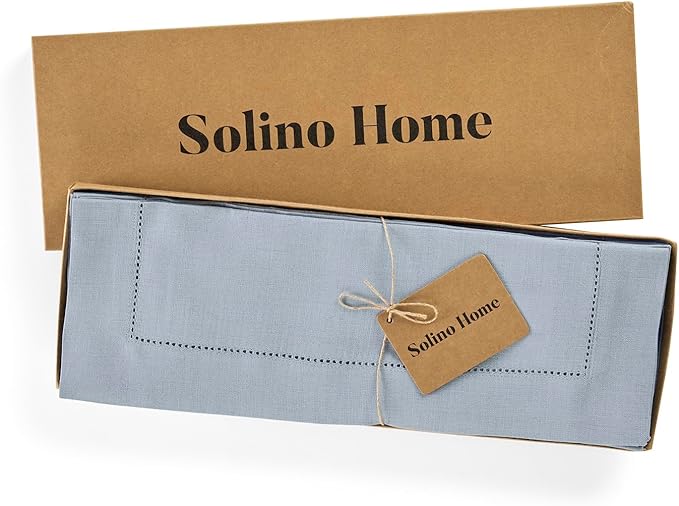 Solino Home Linen Cloth Placemats Set of 4-100% Pure Linen Hemstitch Dusty Blue Placemats 14 x 19 Inch - Classic Hemstitch Table Place Mats for Winter