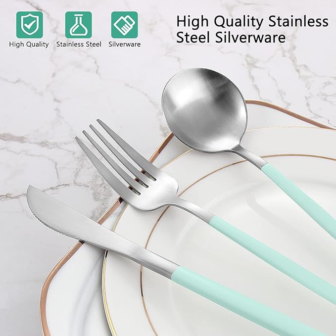 Matte Green Silver Silverware Set, 20-Piece Stainless Steel Flatware Set, Satin Finish tableware Cutlery Set, Service for 4, Home and Restaurant, Dishwasher Safe