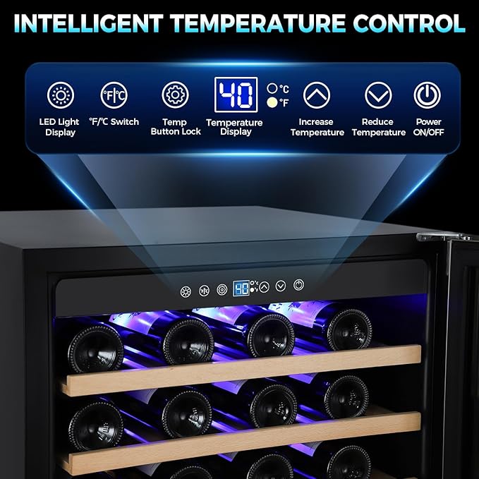 24 Inch Wine Fridge, 54 Bottle Wine Cooler Refrigerator with Stainless Steel Glass Door, LED Display, Upgraded Compressor, Built-In or Freestanding for Home Bar Kitchen