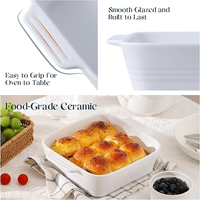 DOWAN 8x8 Baking dish, Square Baking Pan, Ceramic Casserole Dishes for Oven, Cake Pan with Handle, for Brownie, Lasagna, Casserole, 2 Quart, Home Gift, Bright White