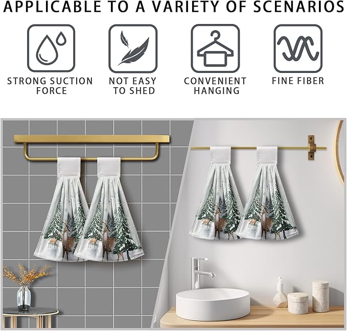 Winter Deer Hand Towels with Hanging Loop Pine Tree Snowflake Tie Towel 2Pcs Snow Hanging Kitchen Towels Decorative Tea Towel Soft Absorbent Washcloth for Home Bathroom Decor