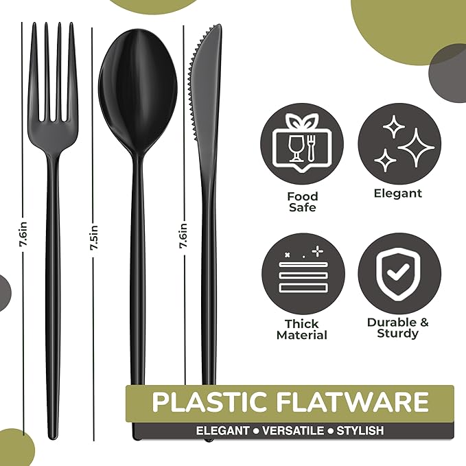 Trendables Disposable Black Plastic Cutlery Set - 120 Pack With Silverware, Forks