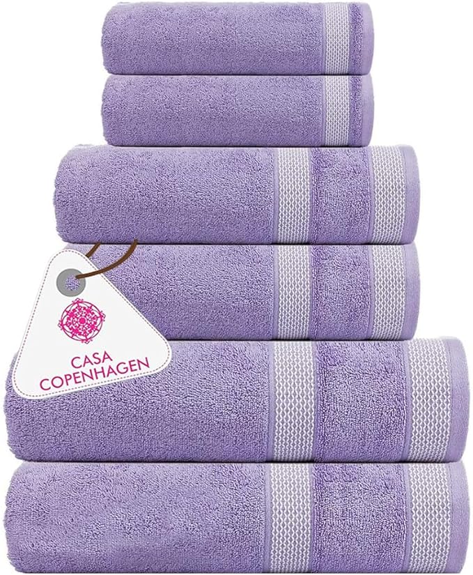 CASA COPENHAGEN Solitaire 6 Pieces Towel Set- Purple Rose, 600 GSM 2 Bath Towel 2 Hand Towel 2 Washcloth, Designed in Denmark Made of Soft Egyptian Cotton for Bathroom, Kitchen & Shower