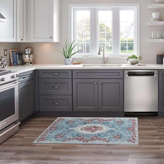 Easy-Going Floral Area Rug 2x3 Washable Entryway Rugs Front Door Mat Indoor Entrance Non-Slip Retro Flowers Small Entry Rug for Living Room Bedroom Kitchen Bathroom Office Lightweight Carpet, Teal Red