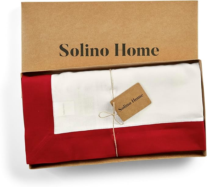 Solino Home Linen Square Tablecloth 52 x 52 Inch - 100% Pure Linen Red and White Table Throw - Contempo, Machine Washable Table Cloth for Valentines, New Year