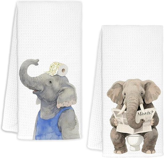 Elephant Bathroom Decor Hand Towels Set of 2, Kids Bathroom Decor, Animal Lover Gifts Decorative Funny Hand Towels for Kids Bath Room Washroom Toilet, 16x24 Inch