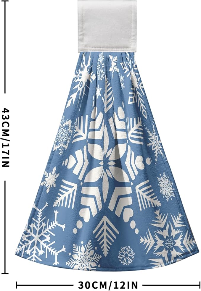 Snowflakes Winter Hanging Kitchen Towels Blue Snow Hand Tie Towel for Bathroom Holiday Decor Soft Absorbent Hanging Dish Towels for Home Accessories