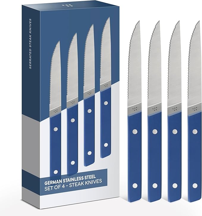 Misen Steak Knives Set of 4 - Precision Serrated Blades for Effortless Dining - German Stainless Steel - Superior Cuts with Four Steak Knives - Comfortable, Sleek Handles - Blue