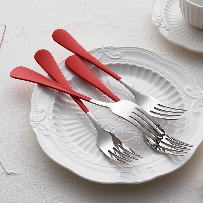 Red Dinner Fork, 18/0 Red handle Stainless Steel Satin Finish 8.1-inch Silverware Flatware Fork Set, Set of 24, Dishwasher Safe