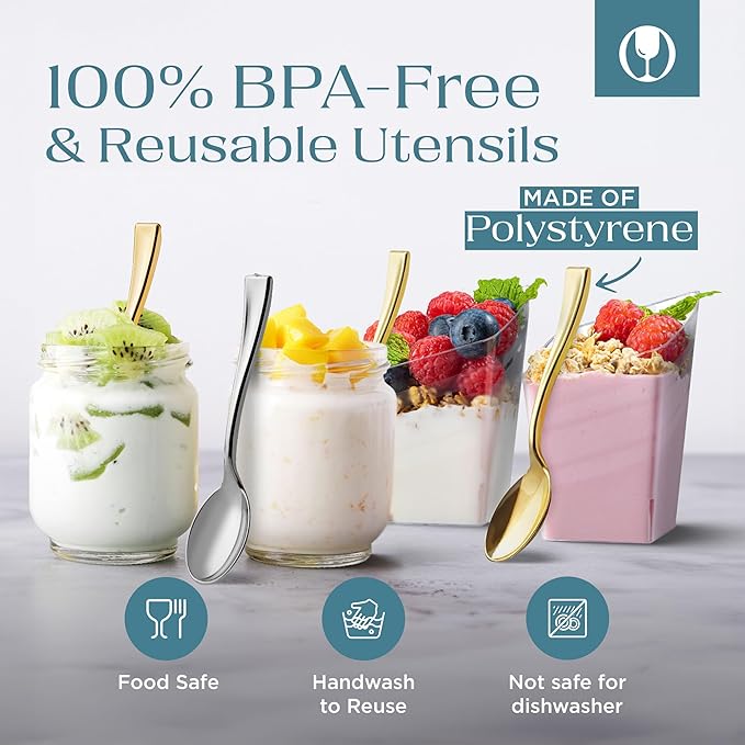 Posh Setting - Plastic Mini Spoons, Silver Mini Spoons, Silver Plastic Mini Dessert Spoons, Disposable Tiny Silver Spoons, 4 inch Mini Spoons for Appetizers, Taster Spoons, Ice Cream Spoons (80 Pack)