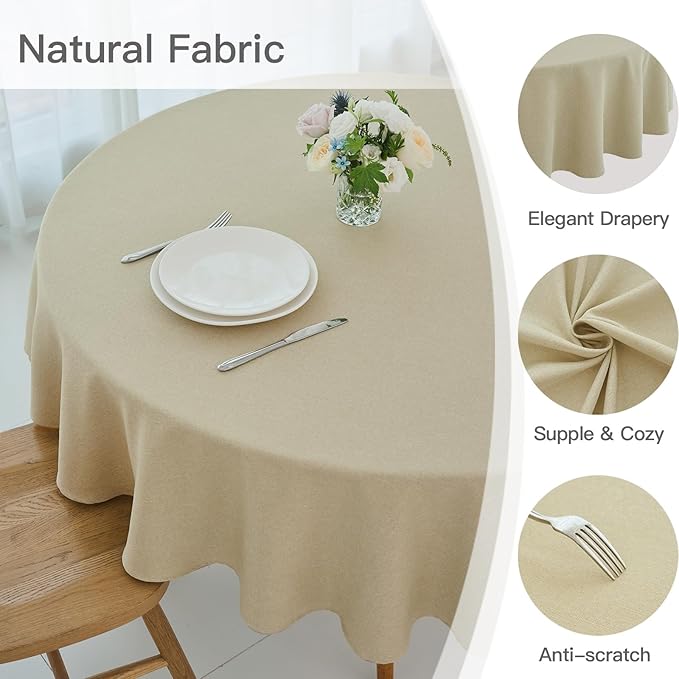 maxmill Round Linen Textured Tablecloth Spill-Proof Stainproof Wrinkle Free Washable Fabric Table Cloth for Circular Table Cover, Dining Room Buffet Banquet Parties Holiday Dinner, 70 Inch Beige