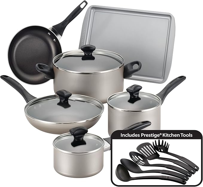 Farberware 21805 Dishwasher Safe Nonstick Cookware Pots and Pans Set, 15 Piece, Champagne