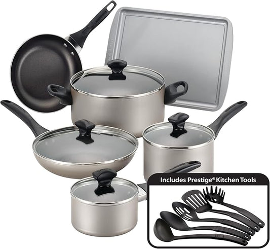 Farberware 21805 Dishwasher Safe Nonstick Cookware Pots and Pans Set, 15 Piece, Champagne