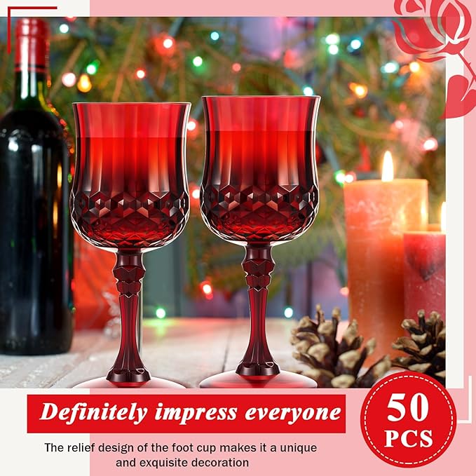 Pinkunn 50 Pcs 7 oz Plastic Vintage Wine Glasses Reusable Colored Goblets Patterned Drinking Water Glasses Cup Dishwasher Safe for Christmas Wedding Reception Party Supplies (Red)