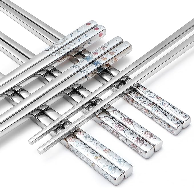 Stainless Steel Chopsticks, Titanium Plated Metal Chopsticks, 9.8" Premium Japanese Korean Color Laser Engraved Cooking Chop Sticks, Dishwasher Safe, Reusable, Anti-slip, Anti-scald, 5 Pairs Gift Set