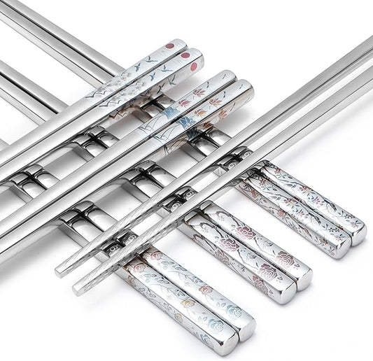 Stainless Steel Chopsticks, Titanium Plated Metal Chopsticks, 9.8" Premium Japanese Korean Color Laser Engraved Cooking Chop Sticks, Dishwasher Safe, Reusable, Anti-slip, Anti-scald, 5 Pairs Gift Set