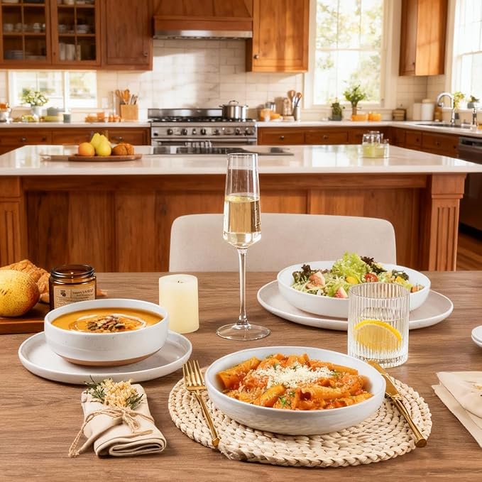 AmorArc Ceramic Dinnerware Sets for 4, 12 Pieces Handpainted Plates and Bowls Set with Rustic Terracotta Underside, Scratch Resistant Stoneware Dishes Set, Dishwasher & Microwave Safe, White