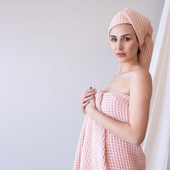 Premium Waffle Bath Towels Pack of 2 Extra Large 35x71 inch - 100% Turkish Cotton, Waffle Weave, Quick Dry, Lint Free, Oversized, Thin Bath Sheet Towel (Light Pink, Set of 2 Bath Towels)