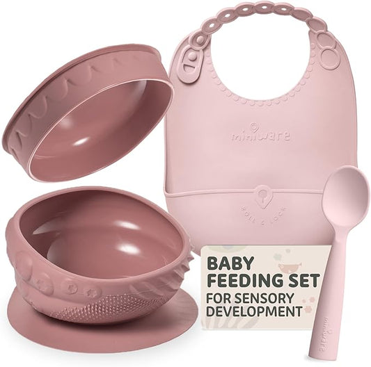 Miniware Sensory Starter Set with Sensory Baby Bowl, Baby Spoon, Roll & Lock Bib - Easy to Clean Baby Feeding Set to Promote Self-Feeding- Toddler Feeding Essentials - Raspberry