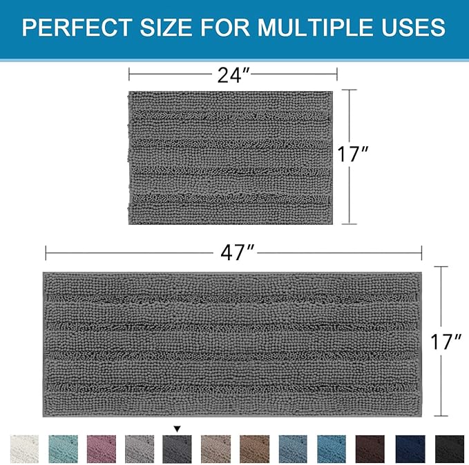 H.VERSAILTEX 2 Piece Bathroom Set - Super Absorbent Chenille Striped Bath Mats - Non Skid, Machine Washable - Grey, 47 x 17 Plus 17 x 24 - Inches