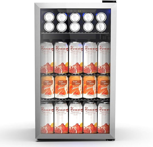 130 Can Beverage Refrigerator Built In Freestanding Wine Fridge with Stainless Steel Reversible Glass Door, Quiet Compressor LED Touch Control for Home Kitchen Bar, 3.2 Cu.ft Silver