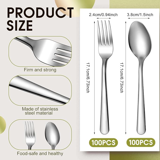 BBTO 200 Pcs Forks and Spoons Silverware Set Bulk Stainless Steel Flatware Cutlery Set 6.7'' Kitchen Utensils for Home Restaurant 50 Dinner Fork, 50 Teaspoon, Mirror Polished, Dishwasher Safe