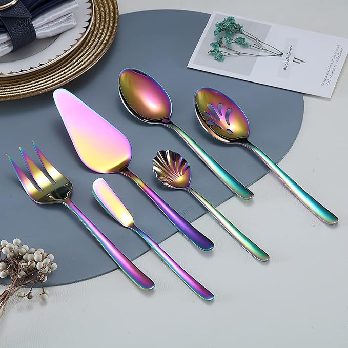 Rainbow Silverware Set 46 Piece, Stainless Steel Flatware Set, Cutlery With Cake Server, Serving Spoon, Slotted Serving Fork, Sugar Spoon, Butter Knife (Shiny Rainbow)