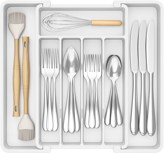 Lifewit Silverware Drawer Organizer, Expandable Utensil Tray for Kitchen, BPA Free Flatware and Cutlery Holder, Adjustable Plastic Storage for Spoons Forks Knives, 8.5"-14.1" x 12.1", White