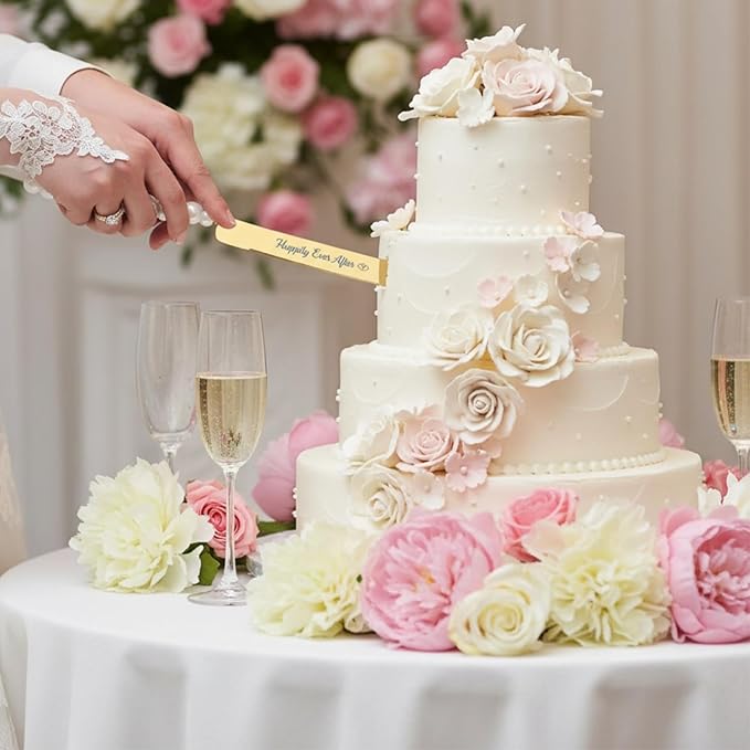 4 Piece Wedding Cake Cutting Set, Knife and Server with Forks, Elegant Wedding Cake Knife and Server Set for Bride and Groom(Pearl Handle Gold)