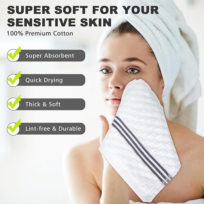 4 Pack 100% Cotton Wash Cloth, 12x12 Inch Highly Absorbent and Soft Feel Fingertip Towels, Machine Washable Washcloths for Bathroom, Gym, Hotel, Spa and Kitchen, White/Grey