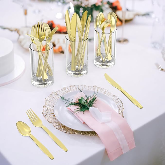 300 Count Extra Heavy Duty Gold Plastic Silverware, 100 Forks, 100 Spoons, 100 Knives, BPA-Free, Heat Resistant, Disposable Plastic Utensils Set, Plastic Cutlery Set, Plasticware Bulk