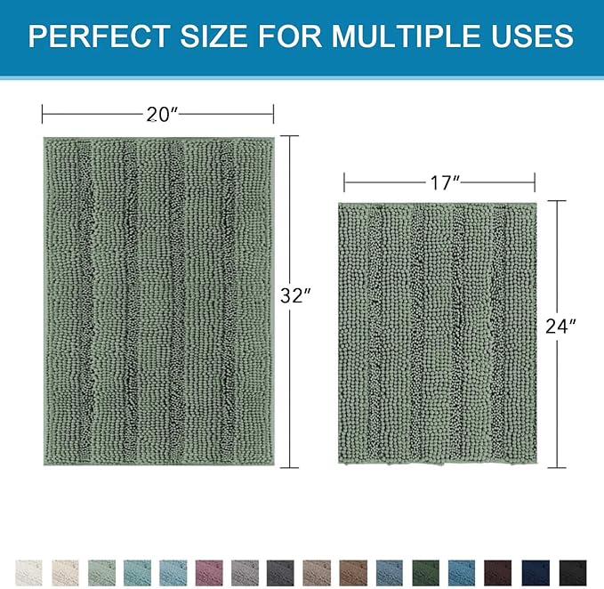 H.VERSAILTEX Bath Mat Set, 2 Piece Bath Mats Non Slip Thick Soft Chenille Striped Bath Rug Set, Bath Mats for Bathroom Sets (Green Bay, 20" x 32"/17" x 24")