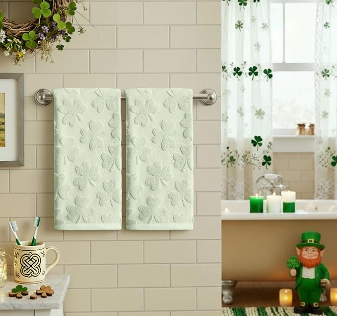 Artoid Mode 2 Pcs Light Green 3D Shamrock Jacquard Patrick Hand Towels for Bathroom, 100% Cotton Soft Absorbent Bathroom Decor Towels, 13.7 x 29.5 Inch