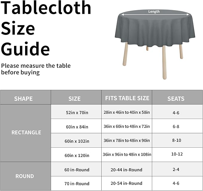Easy-Going Faux Linen Waterproof Spill-Proof Tablecloth Stain Resistant Round Table Cloth Wrinkle Free Decorative Fabric for Kitchen, Dining, Party, Weddings, Restaurants (60 in-Round, Dark Grey)