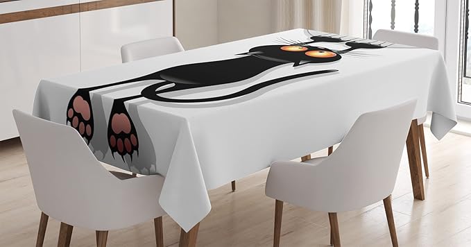 Ambesonne Funny Tablecloth, Angry Furry House Cat Scratching Curtains Best Friend Companion Happy Paws Art Image, Dining Room Kitchen Rectangular Table Cover, 60" X 84", White Black