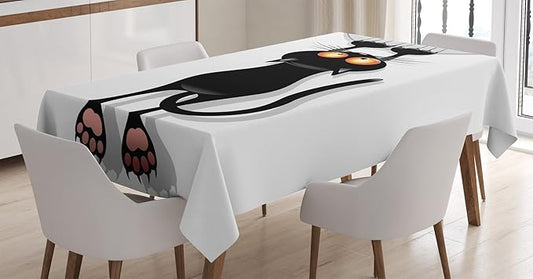 Ambesonne Funny Tablecloth, Angry Furry House Cat Scratching Curtains Best Friend Companion Happy Paws Art Image, Dining Room Kitchen Rectangular Table Cover, 60" X 84", White Black