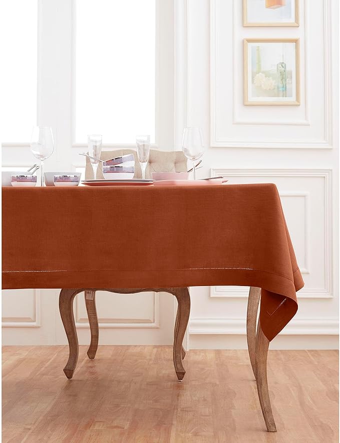 Solino Home Linen Tablecloth 60 x 90 Inch - Classic Hemstitch 100% Pure Linen Cinnamon Table Cloth for Rectangle Tables - Machine Washable Tablecloth for Winter
