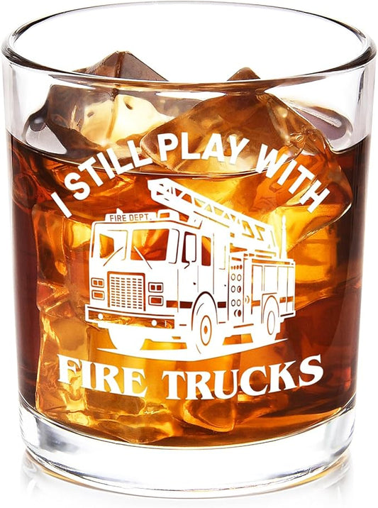 Futtumy Firefighter Gifts for Men, I Still Play With Trucks Whiskey Glass, Fireman Retirement Gifts, Funny Birthday Father's Day Christmas Gift for Firefighter Fireman, 10 Oz Old Fashioned Glass